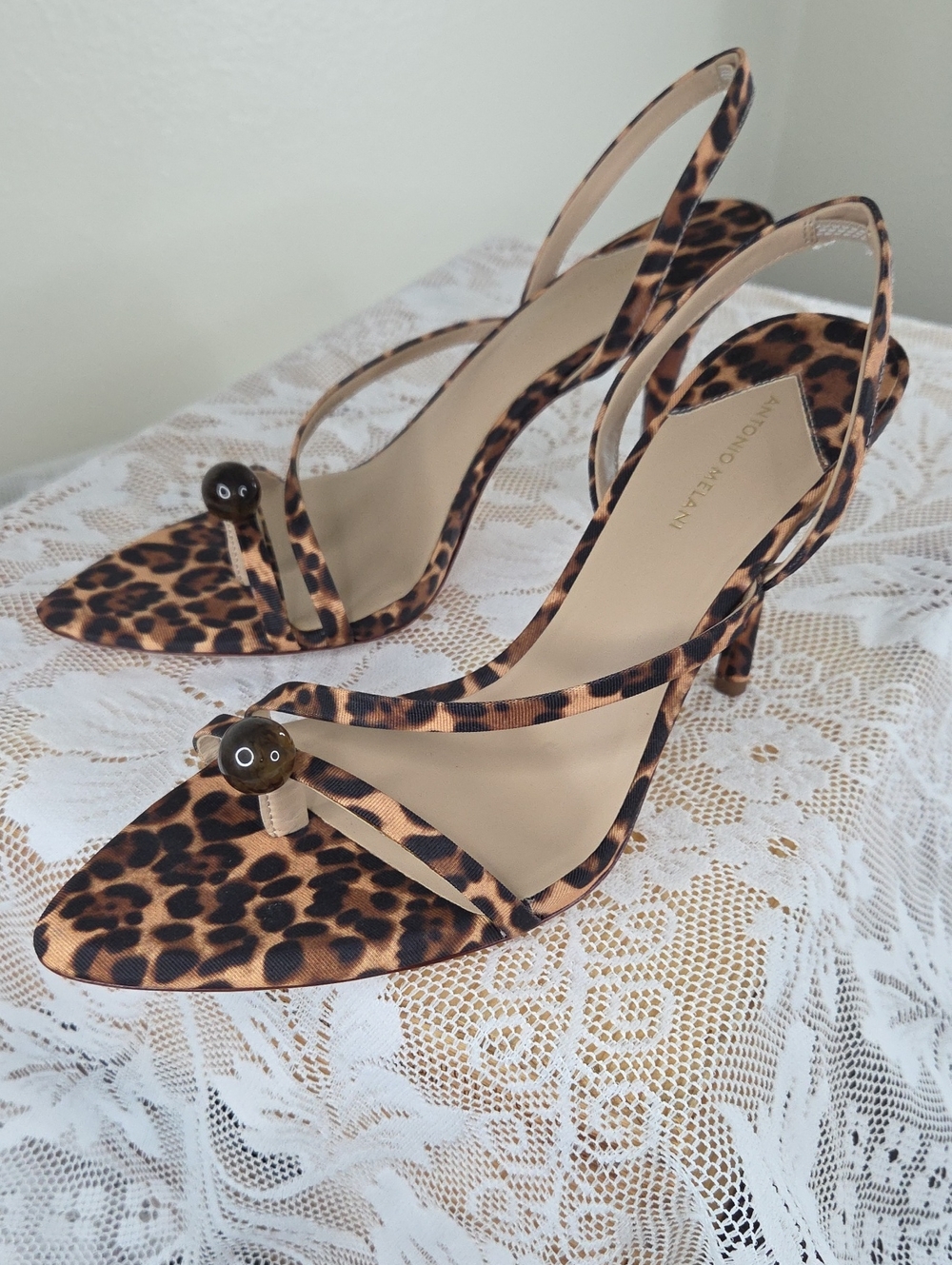 ANTONIO MELANI 9.5 Leopard-Print Slingback Heels - Brown/Black Stiletto NWT$140